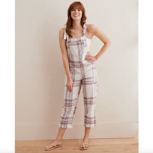 Aerie Plaid Shoulder Tie Straps Cropped Cargo Style Jumpsuit Size S - Picture 1 of 9